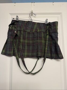 Lip Service Green and Black Plaid Mini Skirt with Suspender Straps